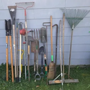 Shovels, boom, wrecking bar, post hole digger,