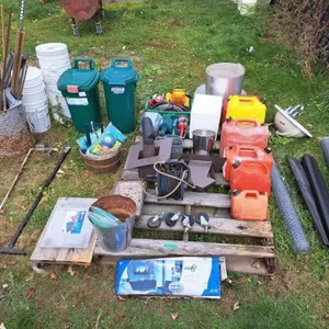 On Pallet: gas cans, air hose reel, wooden cart,