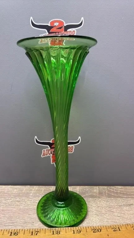 Unmarked Green Glass Vase. 9”H.