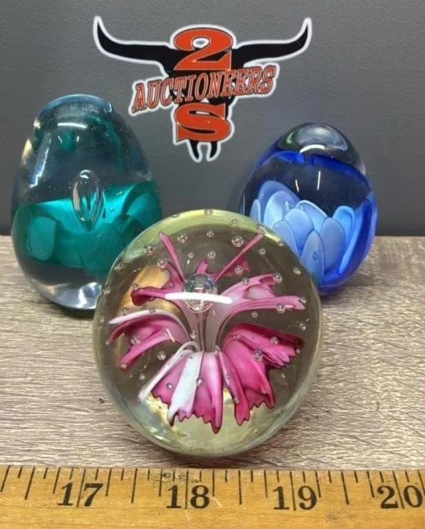 3 Floral Art Glass Paperweights. *SC
