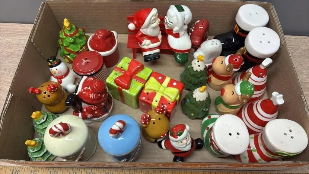 Tray of Christmas Salt & Pepper Shakers.