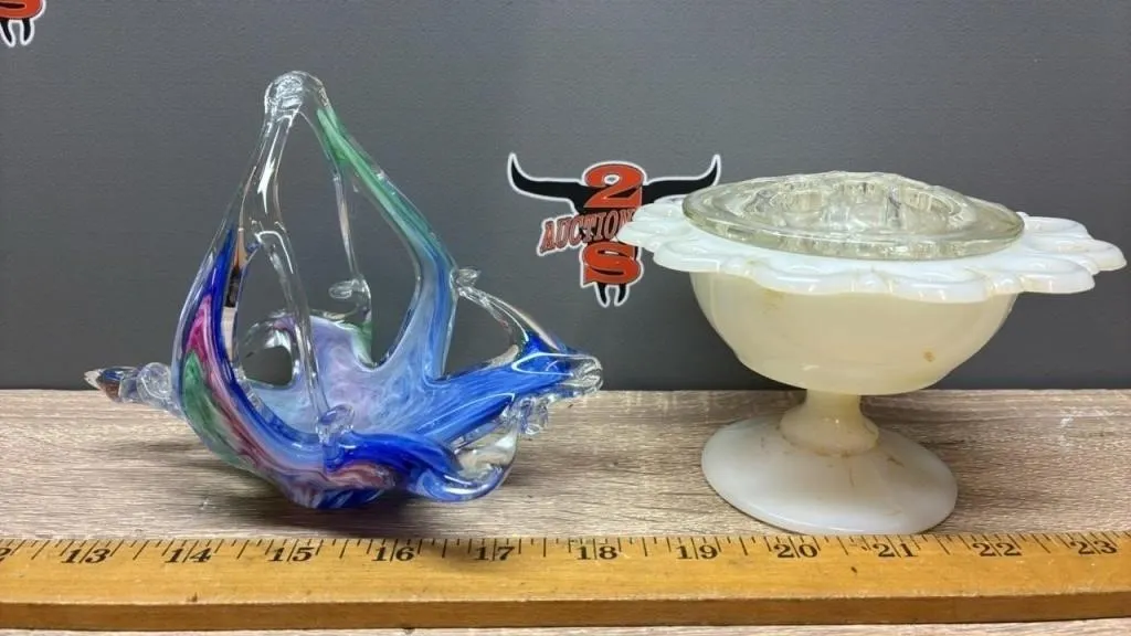 Small Art Glass Basket Style Dish & Milk Glass