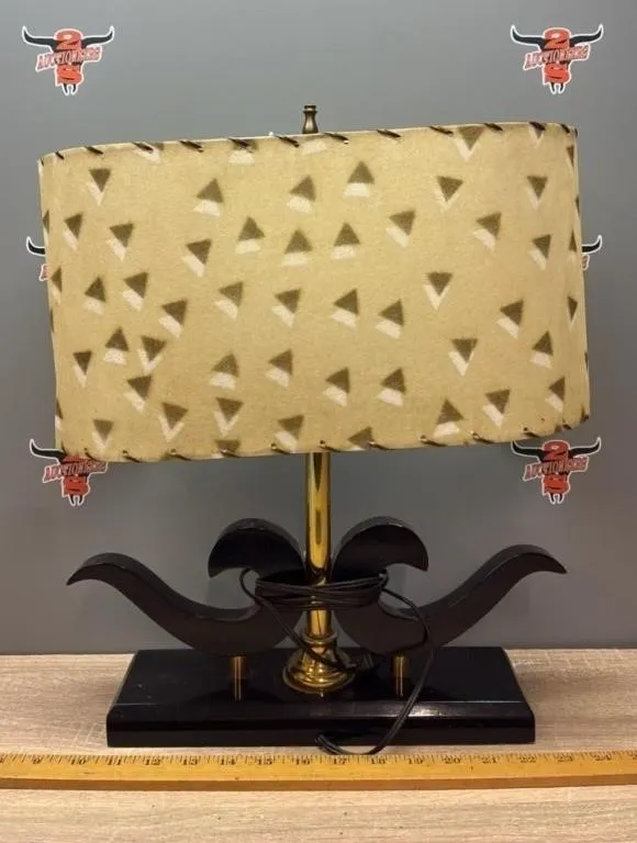 Vintage Wood Base Table Lamp w/Fibreglass Shade.