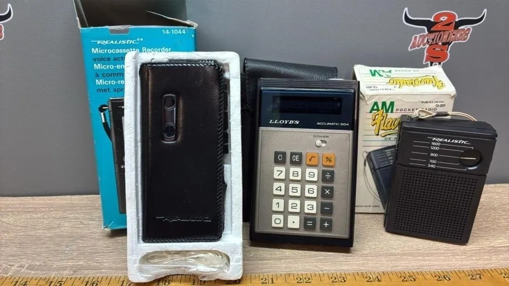 Microcassette Recorder, Calculator & Transistor