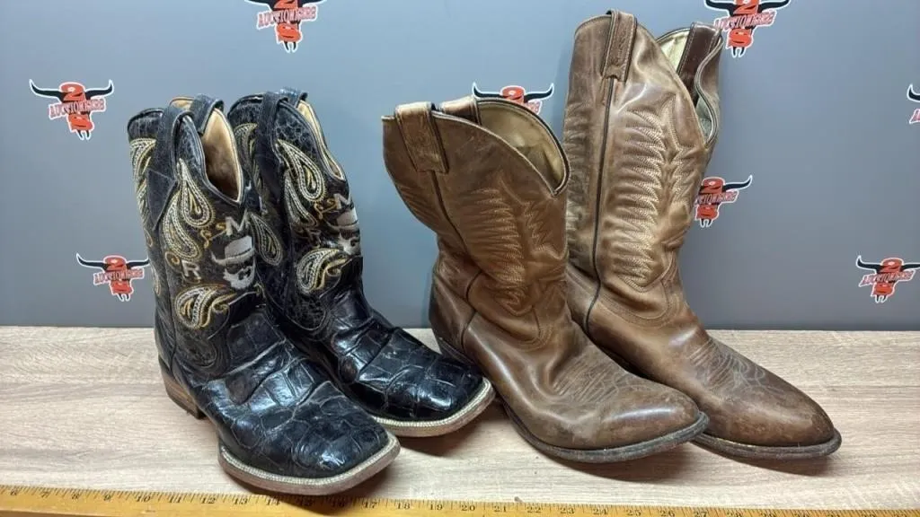 2 Pair Of Cowboy Boots. Black No Size (8?), Brown