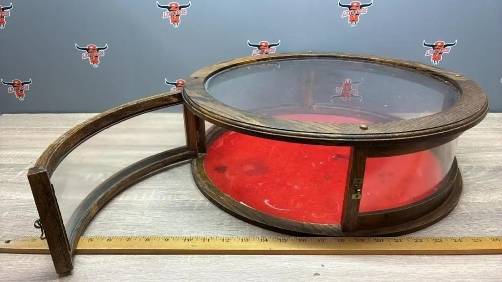 Round Wood Frame Display Case. 20”Diam x 6.5”H.