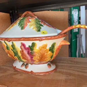 decorative ceramic autumn harvest soup tureen and ladle featuring embossed fall leaves and acorns,