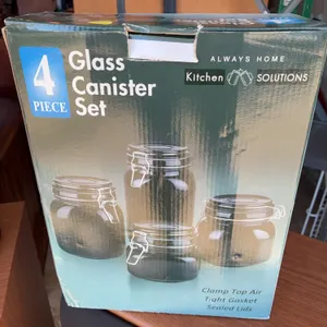 Four piece glass canister, set clamp top air, tight gasket seal lids ￼