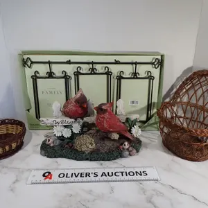 Home Decor Lot: Cardinal Figurine, Metal Wall Frame & 2 Wicker Baskets