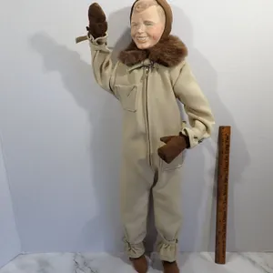 Vintage Waving Aviator Boy Porcelain Doll in Faux Fur Trimmed Flight Suit
