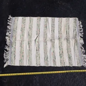 Boho Woven Cotton Rag Accent Rug Cream and Green Striped with Fringe 40" x 26"