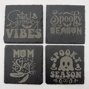 Set of 4 “Halloween” Etched Slate Coasters New