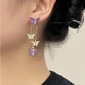 Purple Butterfly Tassel Earrings Crystal Rhinestone Drop Earrings Dangle Charm New