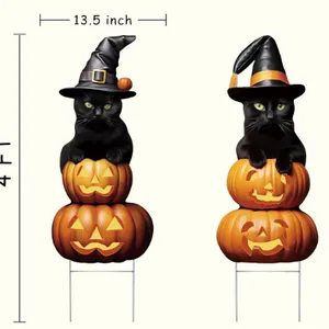 2Pcs 4FT Black Cat Halloween Decorations - Plastic Yard Signs With Stakes, Spooky Pumpkin Outdoor De