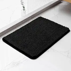 Chenille Bathroom Rug 17"x24" Black, Non-Slip Plush Bath Mat Super Absorbent, Quick Drying, Machine