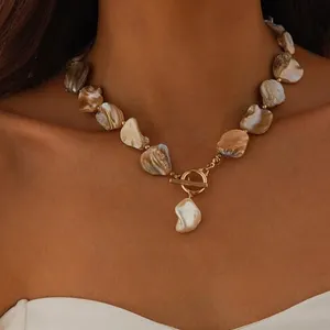 Boho Chunky Shell Necklace Baroque Pearl Color Pendant Choker Irregular Shell Beads 16.5" New
