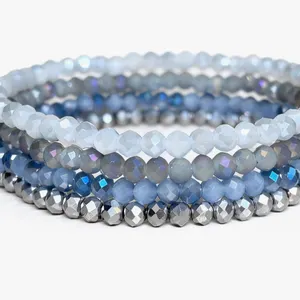 Beaded Bracelets 4mm Crystal Stretch Bracelet Set of 4 Blue Tone 7" Stackable New