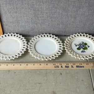 3 Vintage Kemple Glass Open Lace Plates-1 Hand Painted