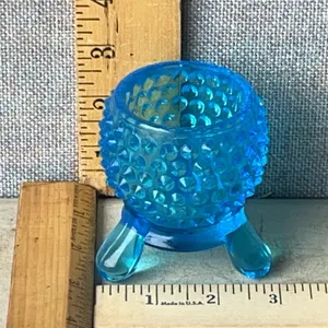 Vintage Kemple Glass Blue Glass Hobnail Footed Candle Stick Holder