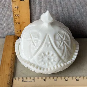 Vintage Kemple Milk Glass Yutec Fan & Star Pattern Covered Butter Dish