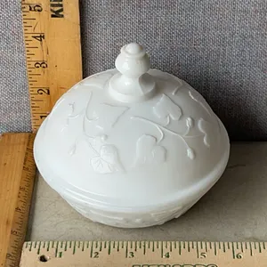 Vintage Kemple Milk Glass Covered Butter Dish, Ivy In Snow Pattern