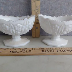 Vintage Kemple Glass Toltec (Aztec) Pattern Oval Footed Candle Holders