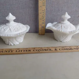 Vintage Kemple Milk Glass Covered Sugar & Creamer Set, Star Pattern