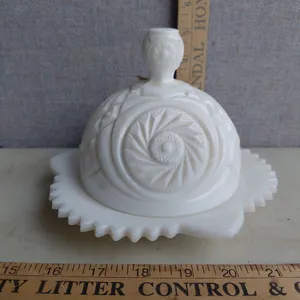 Vintage Kemple Milk Glass Covered Butter Dish Aztec Pattern