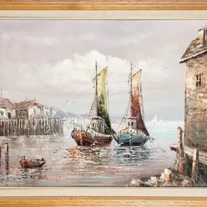 OMER HARBOUR FISHING BOATS OIL PAINTING
