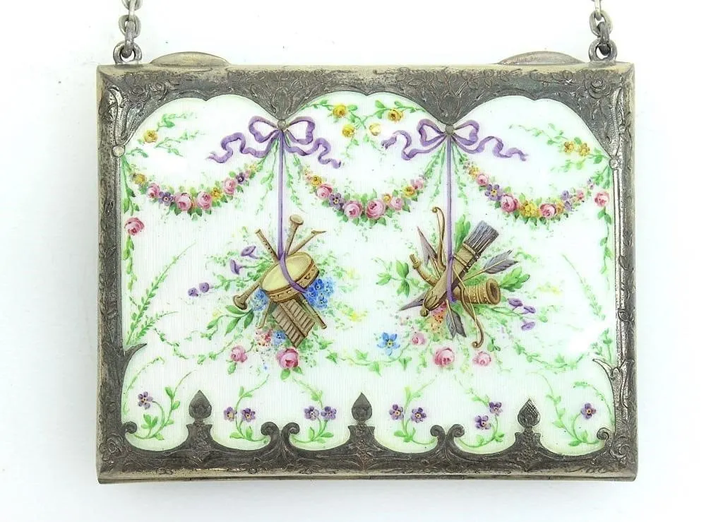 935 SILVER GERMAN ENAMEL & HANDPAINTED CHAIN PURSE