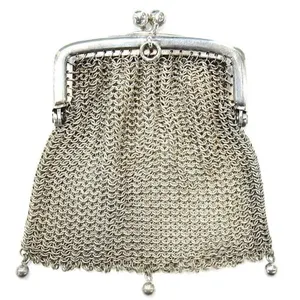 SILVERPLATE ANTIQUE CHAINMAIL BALL TOP CLASP PURSE