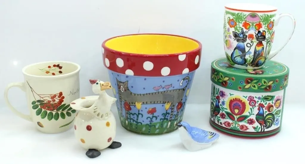 COLOURFUL CAT & BIRD PATTERN CERAMIC MUGS & POTS