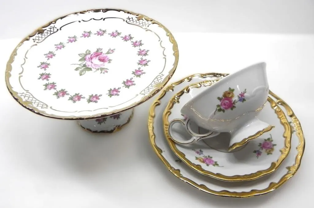 REICHENBACH CHINA CAKE STAND & KAHLA TEA TRIO