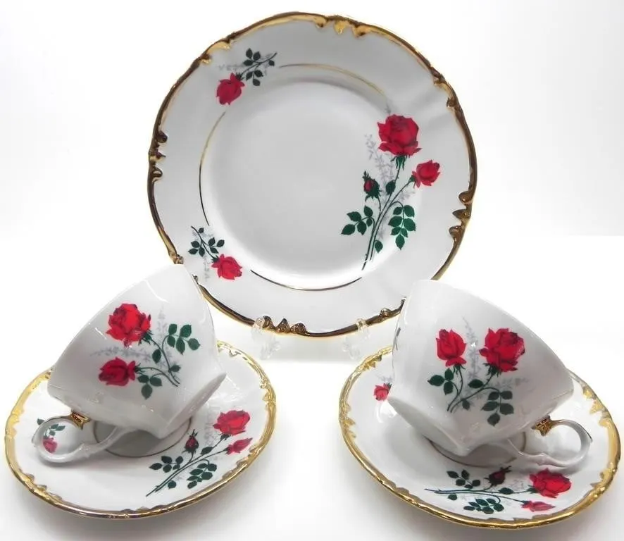 ROSE GUILDED PORCELAIN TEACUPS & SAUCERS
