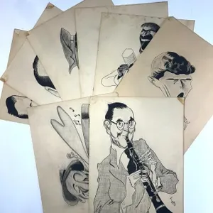 SUITE OF EIGHT SIGNED JAZZ & SHOWBIZ CARICATURES