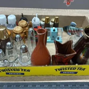 Box of Asst. Pepper/Salt Shakers & Vases.