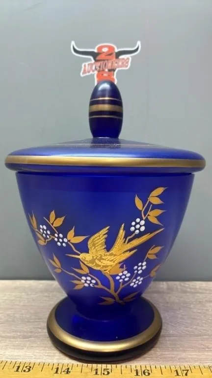 Unmarked Blue Glass Lidded Jar. Small Chip Inside