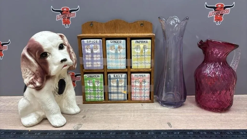 Houseware Items - Spice Cabinet, Chalkware Puppy,