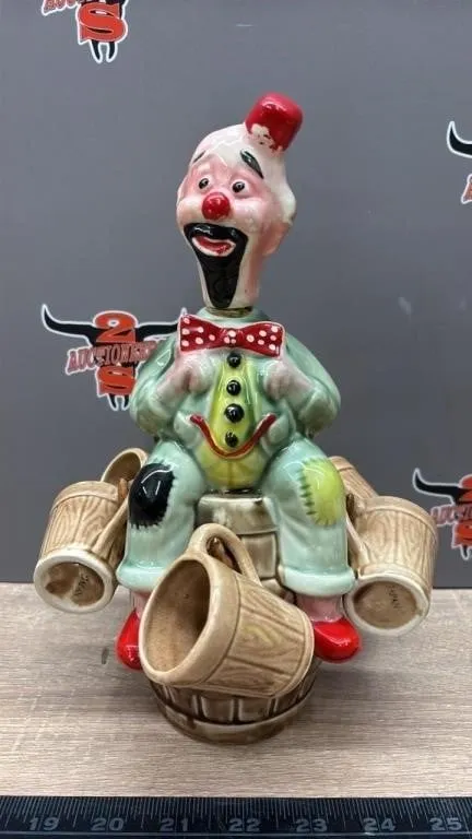 Vintage Ceramic Clown Decanter w/ Shot Glasses.