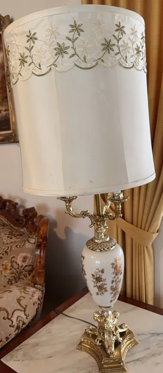 Ornate Ceramic Table Lamp with Brass Base