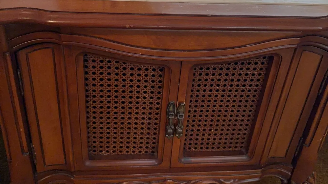Wood Side Cabinet with Marble Top, Woven Front Doors