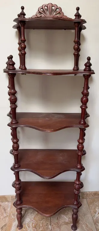 Wooden Five-Tier Corner Shelf Unit with Ornate Top