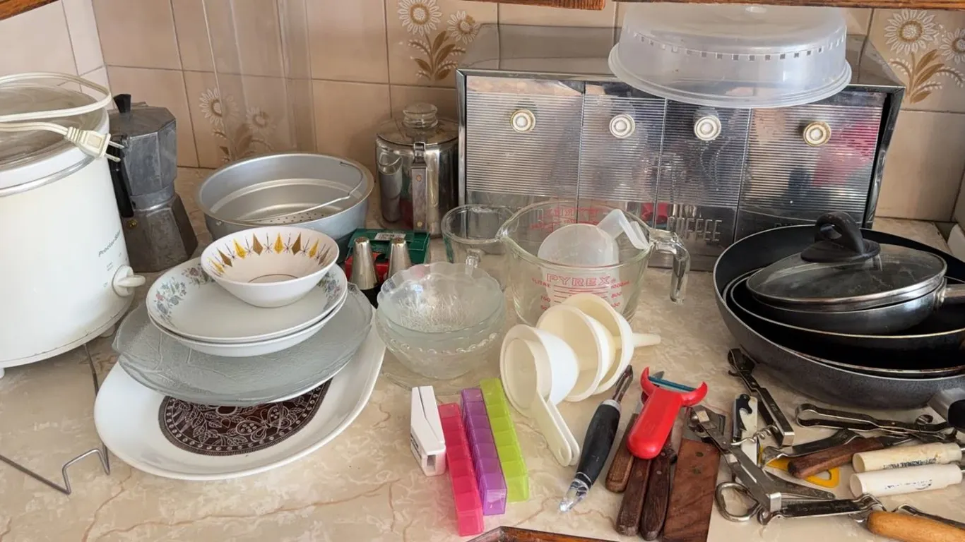 Kitchenware Lot With Panasonic Rice Cooker, Pyrex, Utensils, Plates, Pans