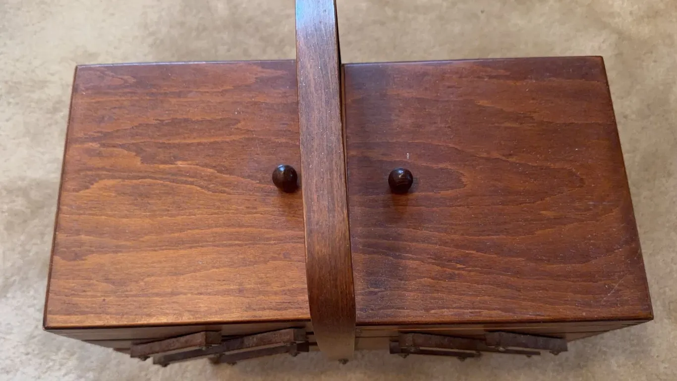 Wooden Cantilever Sewing Box with Handle and Legs