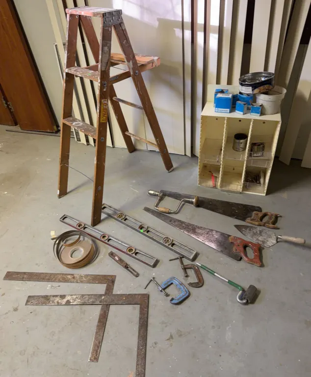 Wood Step Ladder, Hand Saws, Levels, Squares, Braces, Clamps, Hardware
