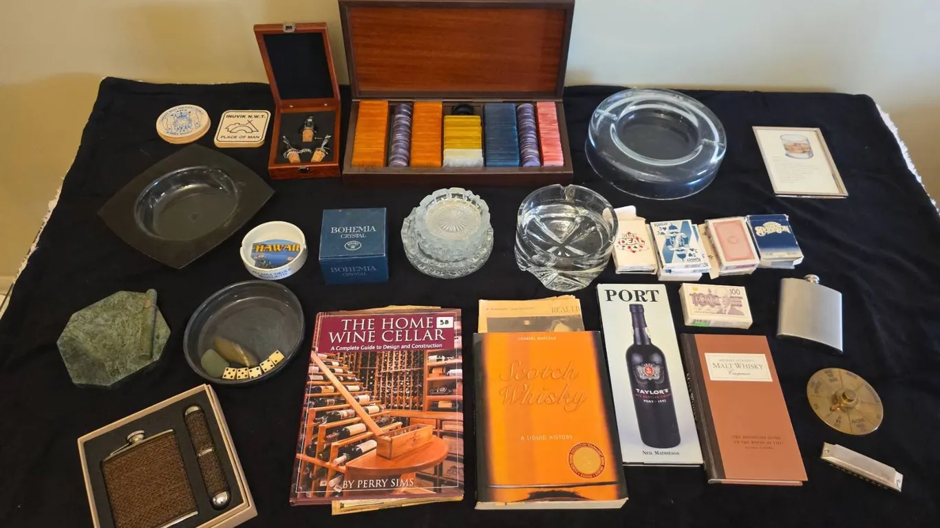 Gentlemen's Barware Collection with Poker Chips, Books, Crystal Bowls, and Accessories