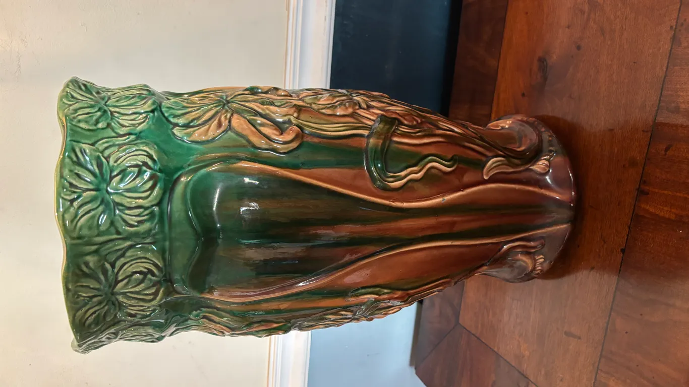 20" x 10" Green And Brown Painted Vase