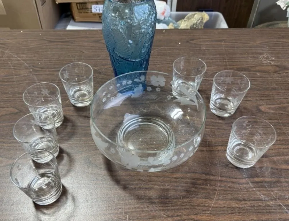 Aqua Blue Glass Vase, Clear Glass Serving Bowl,