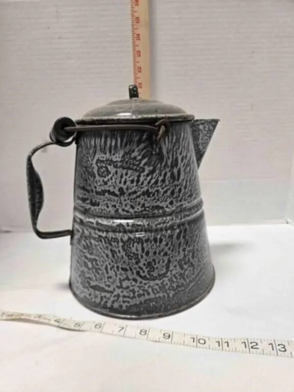 Enameled metal coffee pot, 10" tall