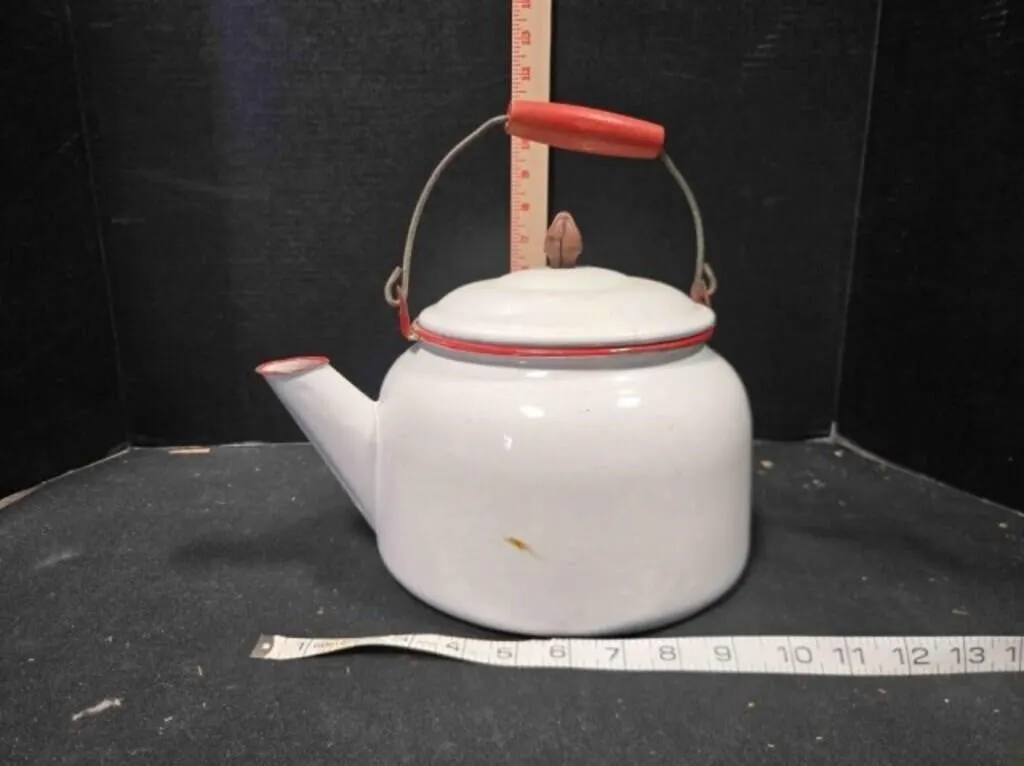 White enameled metal tea pot, 7" tall
